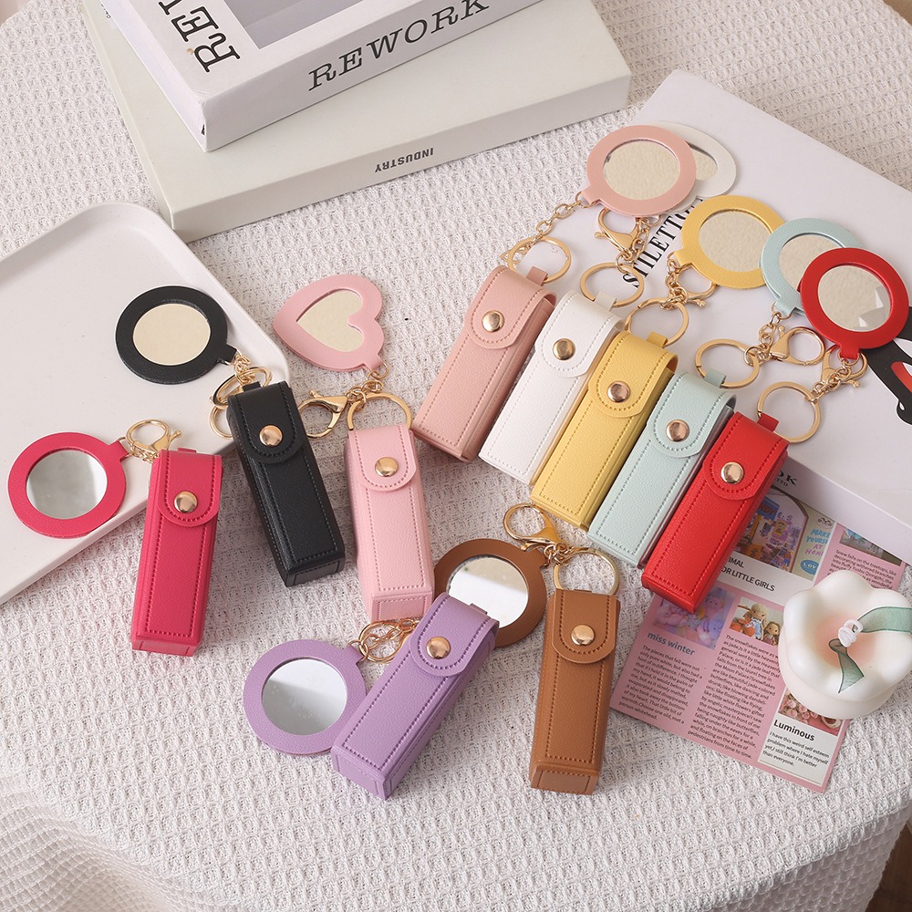 Decorative Mirror - 휴대용 PU 가죽 립스틱 케이스, 키체인,