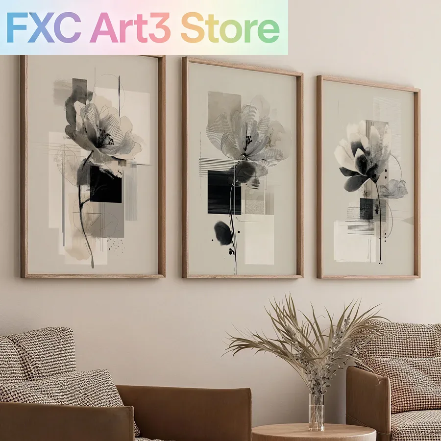 Abstract Canvas Set - 3개/세트 프레임리스, 추상적인 현대 꽃 예술