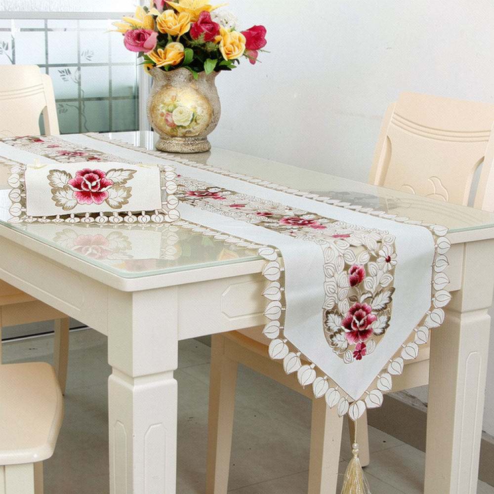 Table Runner - 우아한 꽃 자수 장식 테이블 러너,