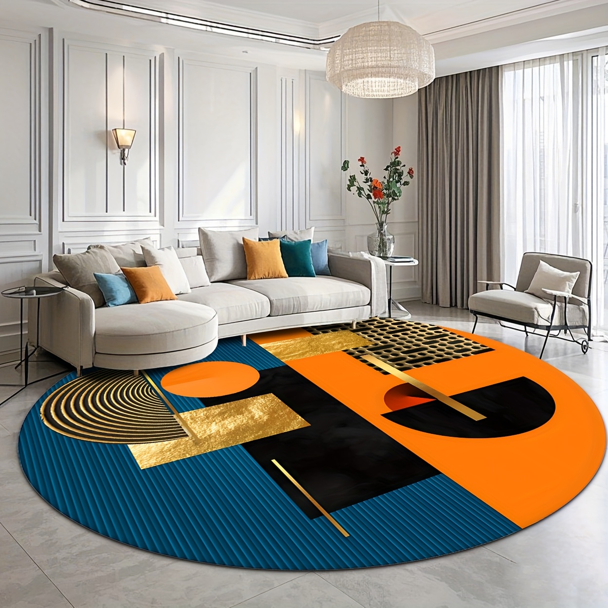 오렌지 블루 골드 추상 기하학적 럭셔리 원형 러그 플란 - Interior Design High End 리뷰 및 가격